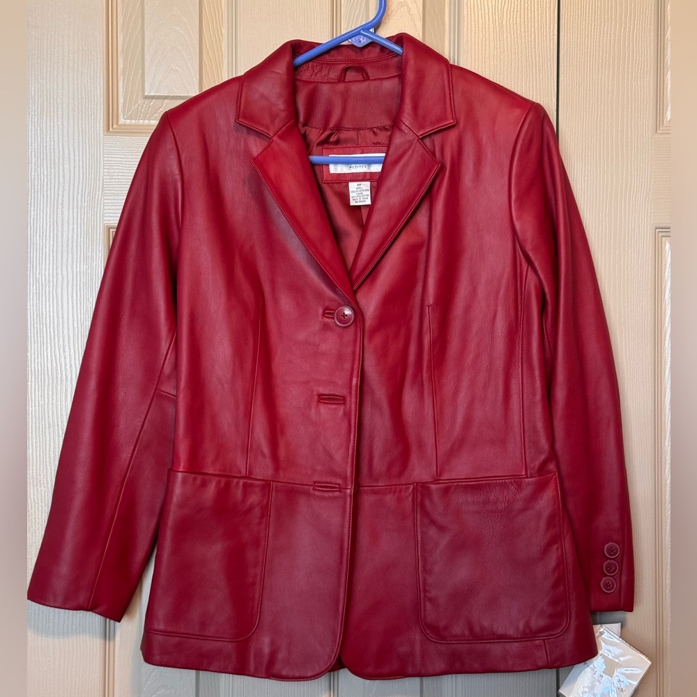Preston & York Leather Jacket Small Petite Red Genuine Lamb‎ Skin Button Down